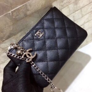 Chanel CO-CO Classic Mini Pouch Wallet 14cm/5.5in Silver Toned Hardware For Women Black