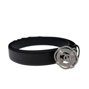 Chanel CC Silver Tone Circle Buckle Belt Black For Women