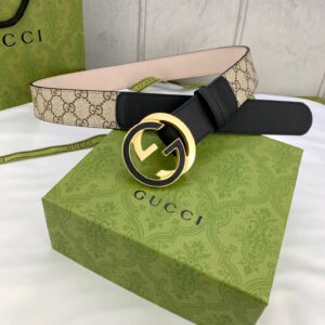 Gucci GG Supreme Belt with Interlocking G Buckle in Beige/Ebony and Black, Women's Belt