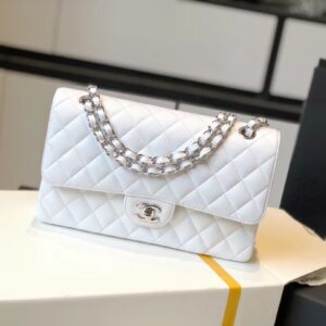 Chanel Classic Medium Flapbag Silver Hardware White 9.9in/25.5cm A01112